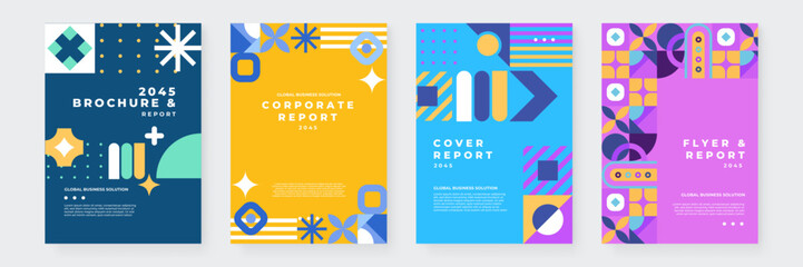 Colorful Geometric Business Brochure and Report Design 2045. Modern and abstract layouts featuring vibrant patterns, perfect for corporate presentations or marketing materials.