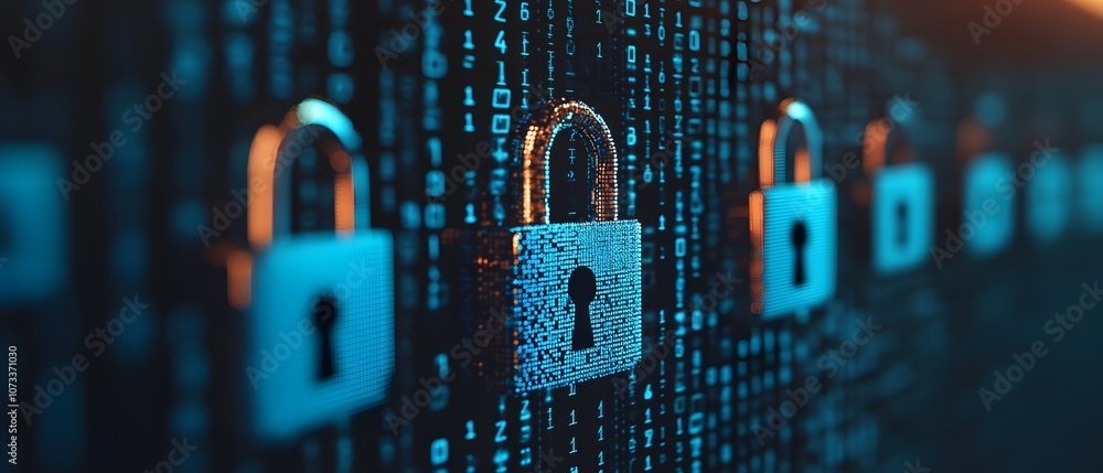 Poster Digital locks on a dark background with binary code representing cybersecurity, data protection, and encryption in a high-tech environment