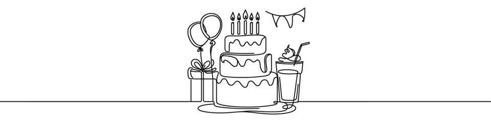Minimalist illustration representing a cake with candle and festive decorations made with one continuous line