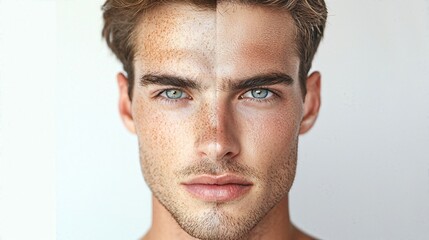 Obraz premium Close-up of man's face showing before and after freckles, highlighting skin texture and tone changes.