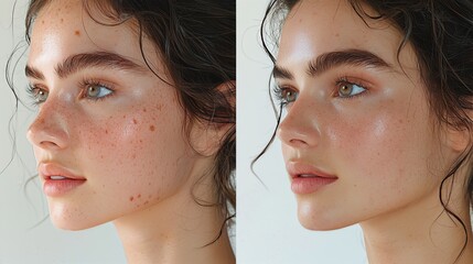 Side view of woman's face showing before and after freckles and skin texture improvement.