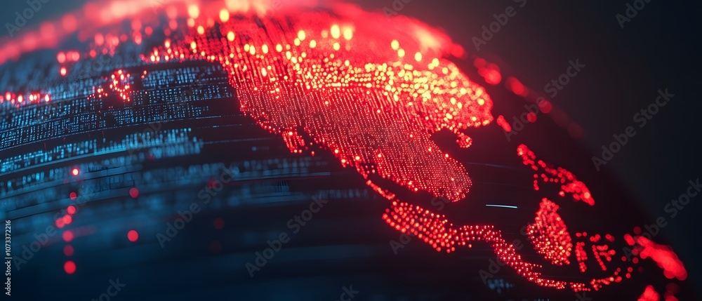 Fototapete Abstract Digital Globe Representation with Illuminated Red Data Points Illustrating Global Connectivity Across the Asian Region at Dusk