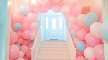 Staircase decorated with pink and blue balloons offering a whimsical atmosphere