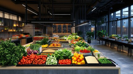 Fototapeta premium A large produce section in a restaurant with a variety of fruits and vegetables