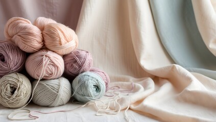 Obraz premium Pile of pastel-colored yarn balls on a soft background