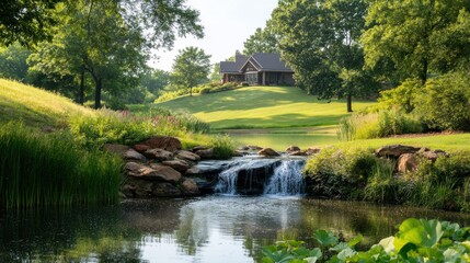 Obraz premium Peaceful view of a pond and waterfall.