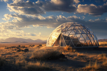 A geodesic dome in a vast desert landscape at sunset, featuring dramatic clouds and distant mountains, creating a serene and futuristic atmosphere.
