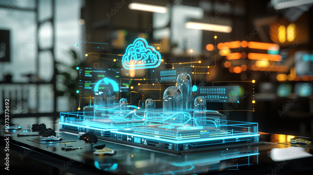 Poster holographic ar display of cloud data centers with multiple protective layers, real-time threat detec