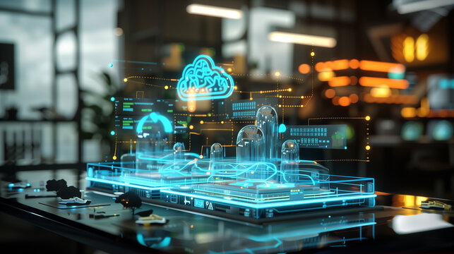 Holographic AR display of cloud data centers with multiple protective layers, real-time threat detection alerts, and access restriction indicators.