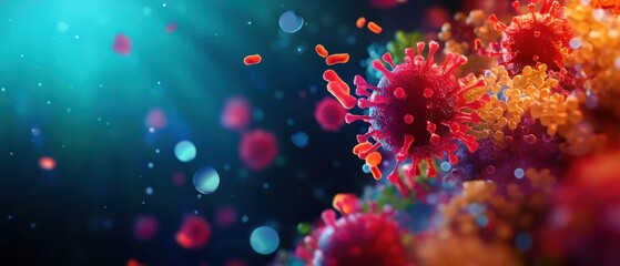 Fototapeta premium A vibrant, detailed microscopic view of colorful viruses and pathogens illuminated by soft light, enhancing their complex textures and structures.