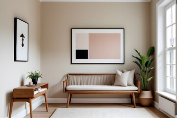 Cozy beige hallway with wooden furniture and minimal art frame