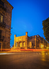 June 2023, Palermo, Sicily, Italy: Street scene at the evening with light tracks. Long exposure.