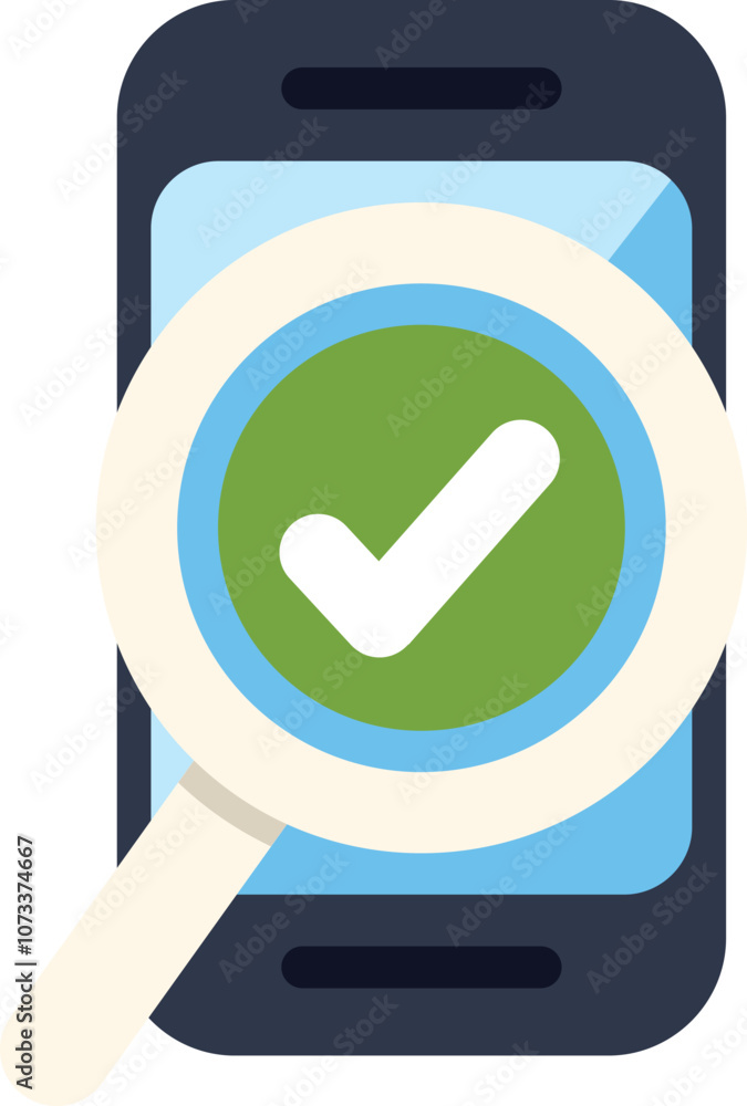 Poster magnifying glass is hovering over a smartphone with a green checkmark, symbolizing the validation of