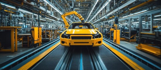Yellow car on a conveyor belt being assembled by a robot arm in an auto manufacturing factory.