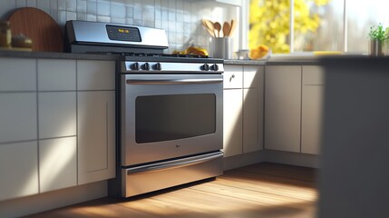 Fototapeta premium Capture a tilted angle view of a sleek, modern stove in a kitchen setting, emphasizing clean lines and stainless steel material in a digital photorealistic style
