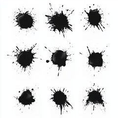 A set of bold black ink splatters arranged in a grid on a clean white background, embodying modern minimalism and abstract expression