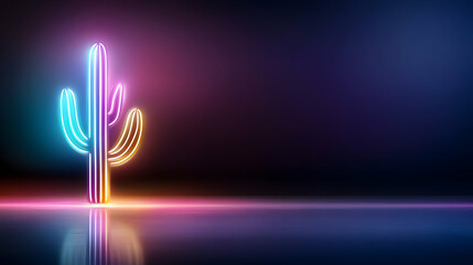 Colorful neon cactus design. Mexican glowing light banner