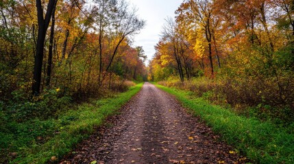 Fototapeta premium A scenic path through a vibrant forest showcasing autumn colors and tranquil beauty.