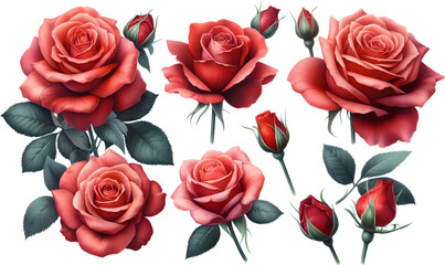 Collection of Red Roses in Various Stages of Bloom on Transparent background