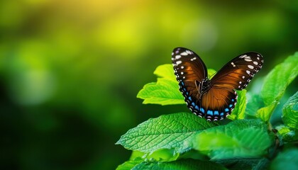 Obraz premium A vibrant butterfly rests on green leaves, showcasing its intricate patterns against a softly blurred natural background.
