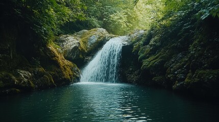 Naklejka premium A serene waterfall surrounded by lush greenery and calm waters in a natural setting.