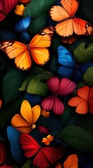 A vibrant arrangement of colorful butterflies among lush green leaves, creating a striking and cheerful natural scene.