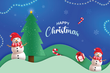 Happy Christmas Sale With Hanging Lights On Blue Color Background. Xmas Festive Vector Illustration For Discount Sale Offer Promotion, Greetings Card, Website, Advertisement, E-commerce.