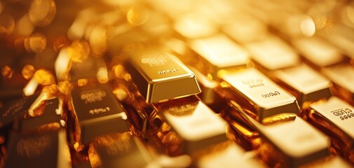 A close-up of gold bars glimmering in warm light, symbolizing wealth, prosperity, and luxury.