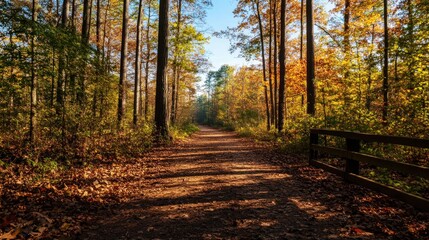 Fototapeta premium A tranquil forest path surrounded by vibrant autumn foliage and clear blue sky.