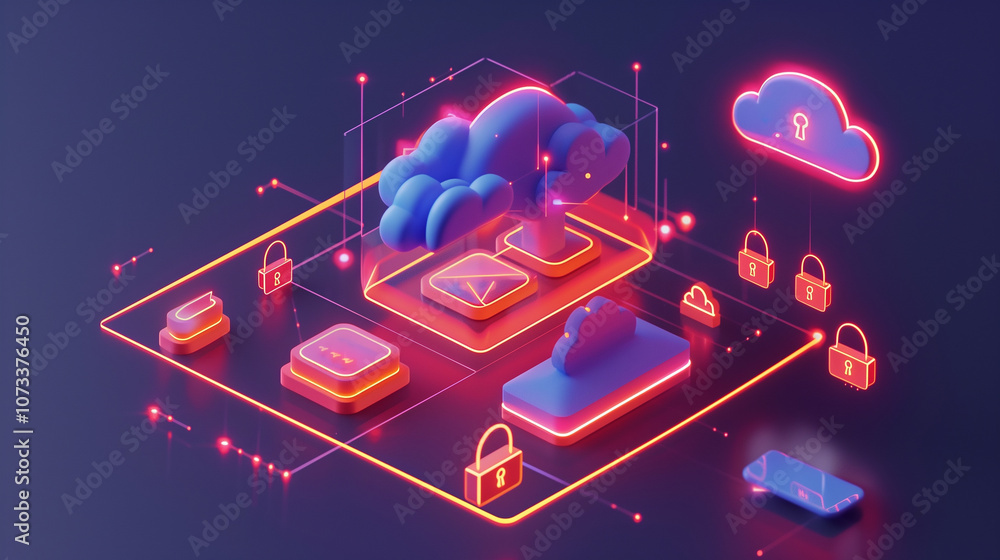 Poster holographic interface showcasing cloud storage levels, encrypted data nodes, and floating lock icons