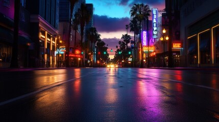 Naklejka premium A vibrant city street at night illuminated by neon lights and palm trees under twilight.