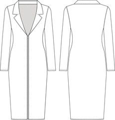 collared long sleeve zippered midi v neck body con dress template technical drawing flat sketch cad mockup fashion woman design style model 
