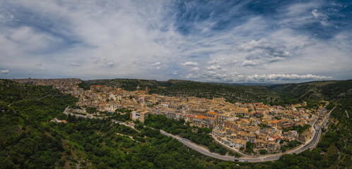 Aerial panoramic view of the old town of Ragusa Ibla in Sicily, Italy. June 2023.