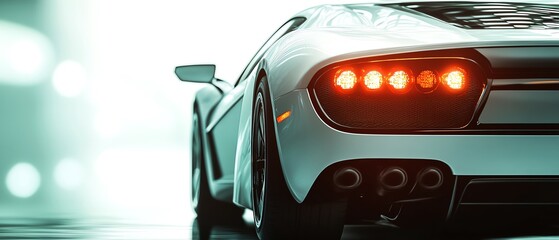 Create an elegant, photorealistic rear view of a sleek sports car, showcasing the attention to detail in the cars design and tail lights