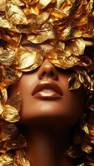 A striking portrait featuring a woman's face partially obscured by golden leaves, showcasing shimmering lips and a captivating expression.