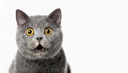 funny british shorthair cat portrait looking shocked or surprised on isolated white background. Space for text.