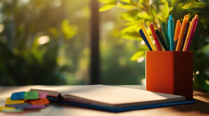 Fototapeta premium Bright workspace with colorful pens and an open notebook beside vibrant greenery.