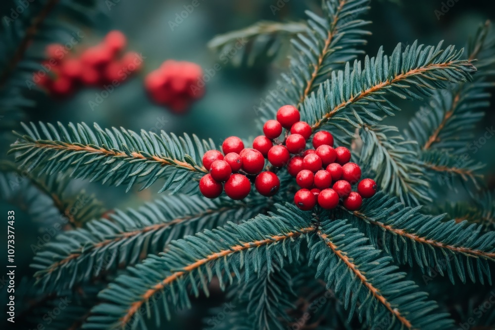 Poster close up of evergreen branches with red berries glistening with frost emphasizing the intricate text