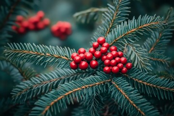 Close up of evergreen branches with red berries glistening with frost emphasizing the intricate textures and natural beauty of winter’s festive season