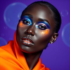 High-Fashion Portrait with Vibrant Blue and Orange Makeup on Dark Skin