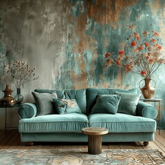 Mint Velvet Sofa in Modern Living Room with Vintage Watercolor Wall and Teal Stucco, Loft Interior Design
