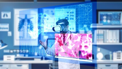 Professional doctor with VR headset analyzing and diagnosis brain anatomy holographic. Professional...