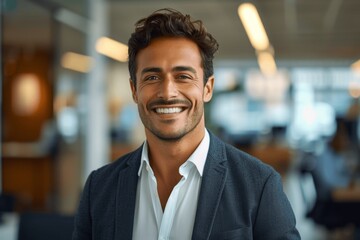 Fototapeta premium portrait of a confident smiling Asian Indian businessman in a suit standing in modern corporate office with his employees in the background
