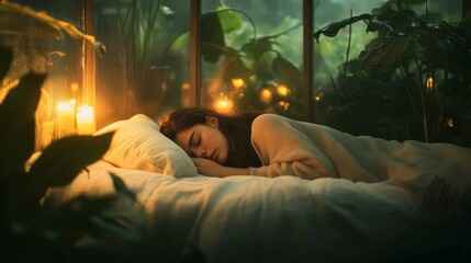 Young Woman Enjoying a Peaceful Nap in Bed with Soft Sunlight Streaming Through Window at Dawn
