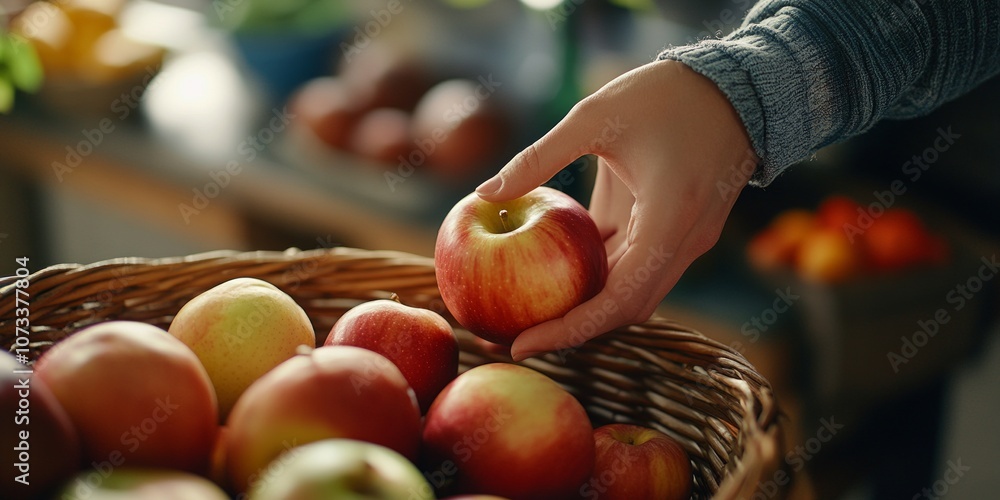 Poster a vibrant scene showing a hand reaching for a fresh apple in a rustic basket. this image captures a 
