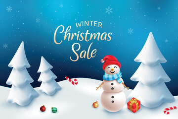 Winter Christmas Sale With Snow Flakes And Snowman. Xmas Festive Holiday Vector Illustration For Discount Sale Offer Promotion, Greetings Card, Website, Advertisement, E-commerce.