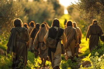 Jesus and Disciples Walk in Olive Grove