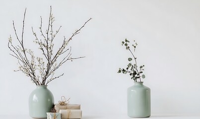 A minimalist arrangement featuring vases with branches and decorative gifts on a neutral background.