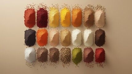 A colorful assortment of spices is displayed in a row. The spices are arranged in a way that they look like they are scattered on a table. The spices are of different colors and sizes