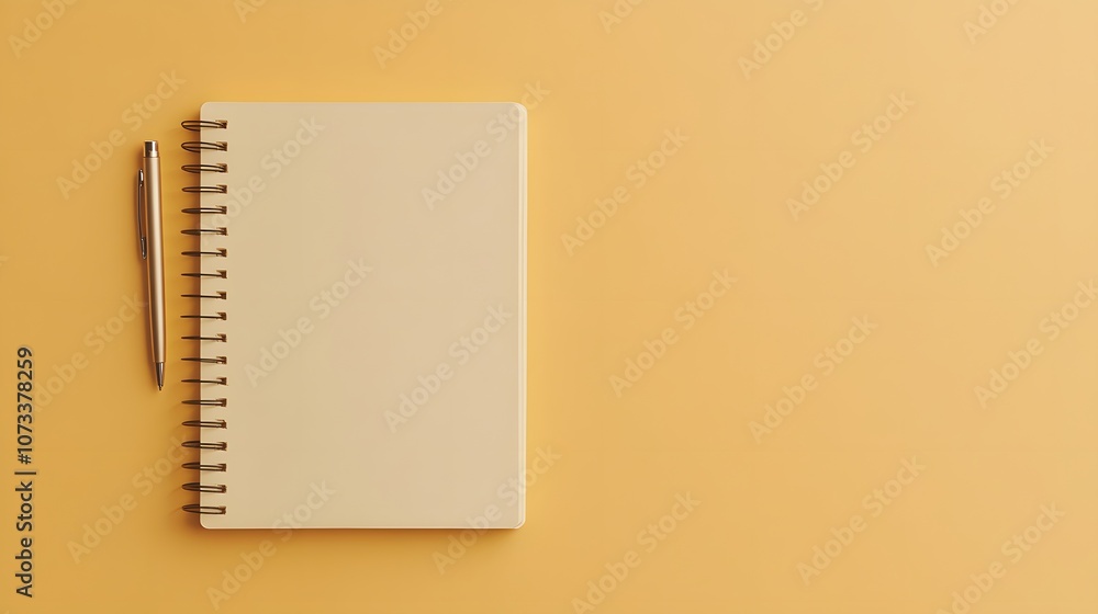 Poster spiral-bound notebook with an open page and a pen on top – representing creativity, writing, and the